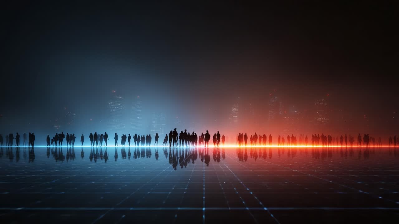 A stunning visual representation of an abstract urban landscape, showcasing silhouettes of people against a neon backdrop, emphasizing the contrast between warm and cool tones