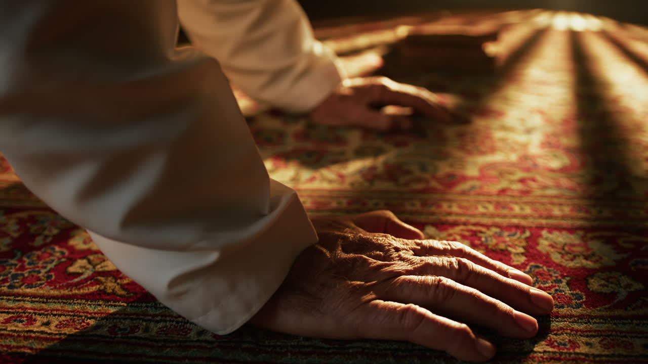 Man Prays For Ramadan On Carpet During Sunny Day