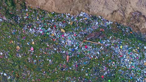 vista aérea de basura plástica, hierba, flotando en la costa de la playa