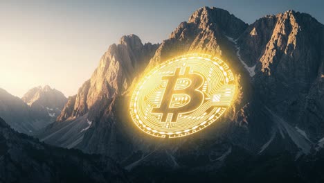 a stunning transformation of nature and technology: the evolving symbol of bitcoin glows over majestic mountains in the early morning light