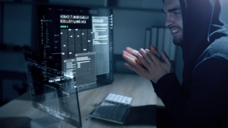 Футуристический киберхакер, действующий под видом Anonymous, использует передовые алгоритмы для проникновения в системы кибербезопасности и эксплуатации уязвимостей в безопасности паролей.