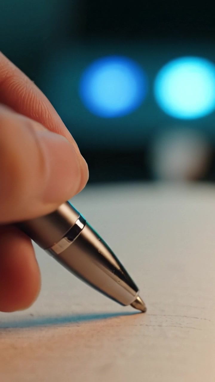 Primo Piano di una Mano Che Tiene una Penna Sopra un Foglio, Catturando l'Intensità della Scrittura con Luci Sfocate sullo Sfondo Che Creano un Focus Visivo Unico sulla Creatività
