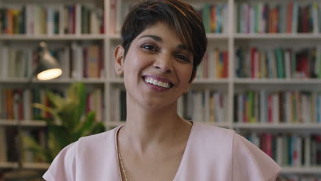 close up portrait of beautiful stylish hispanic woman teacher in library study smiling happy enjoying education career