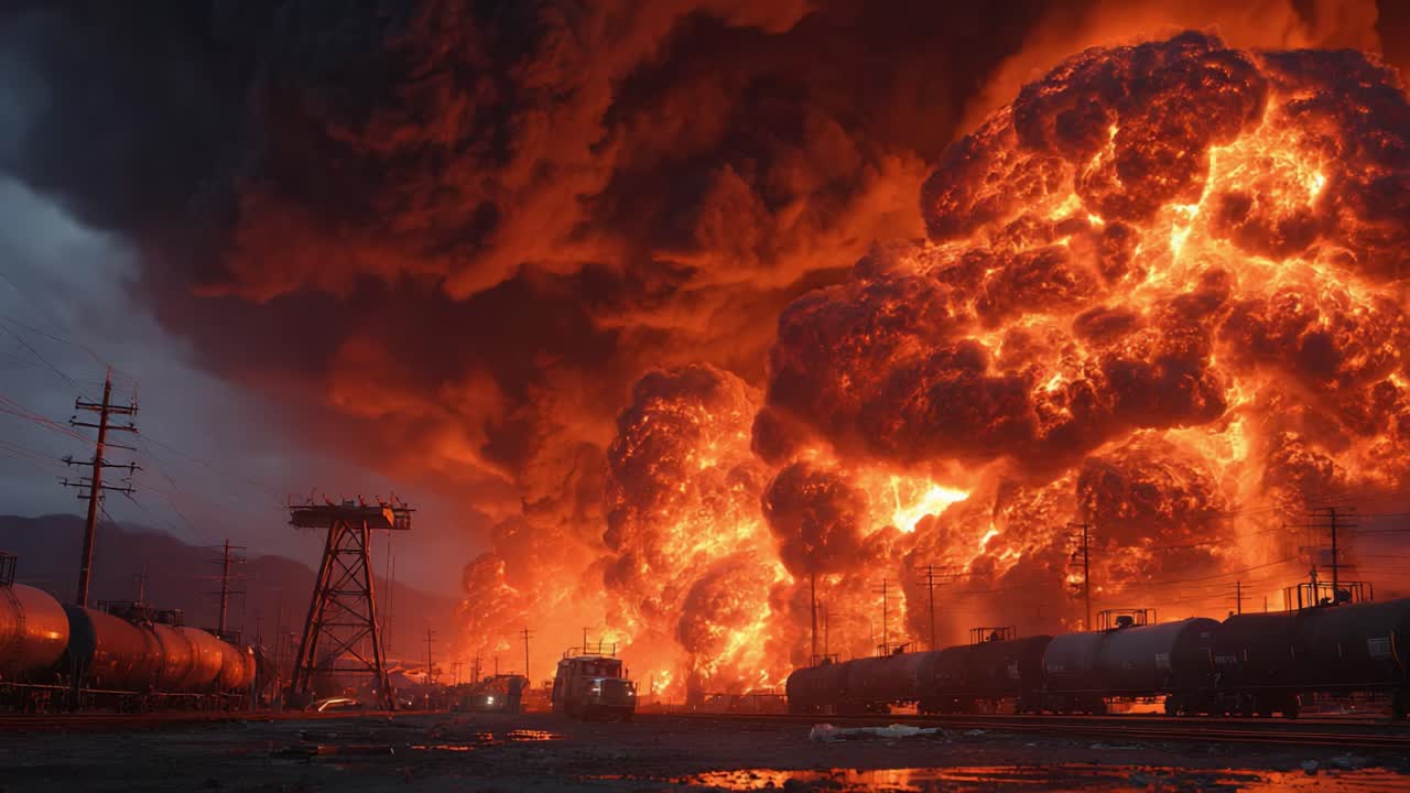 Catastrofe spettacolare: una scena drammatica di esplosioni infuocate e pennacchi di fumo denso che eruttano da un deposito ferroviario, proiettando un bagliore infuocato contro il cielo notturno