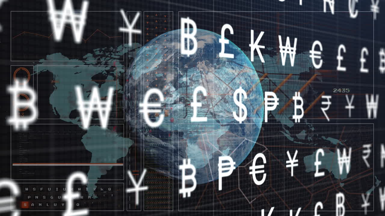 디지털 통화 기호 네트워크의 애니메이션 및 전 세계 데이터 처리