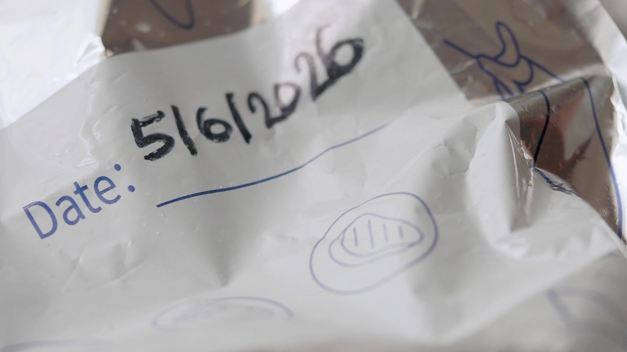 Nærbillede af en vakuumpakket madpose med datomærkning