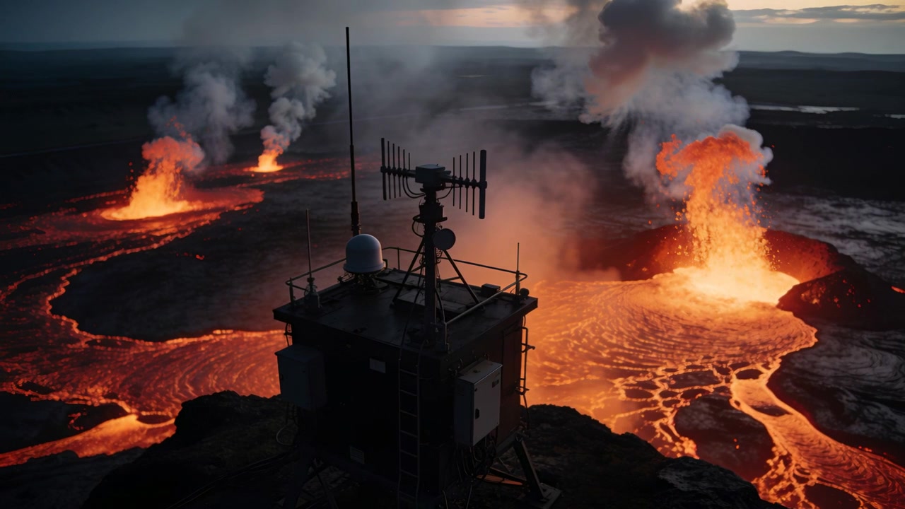 Casetta di monitoraggio che registra dati sull'eruzione dalle bocche vulcaniche al crepuscolo, con getti di lava in ascesa e un'antenna.