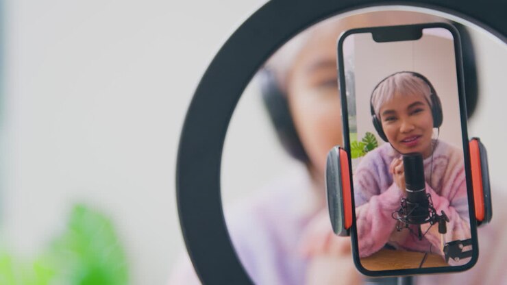 Vlogger donna con cuffie e microfono in diretta streaming sul cellulare