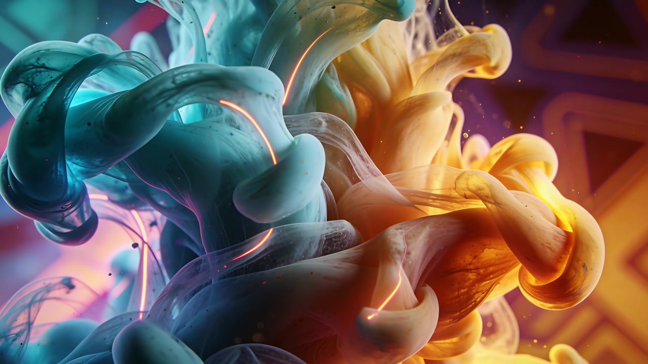 Advancing frames causing teal and orange viscous plumes pressing together in macro studio, tendrils