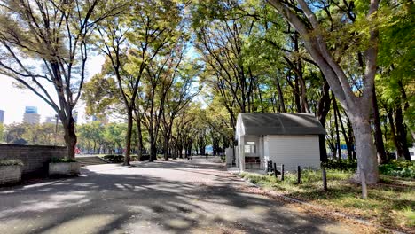 paved path going through a park with trees on each side and a small white building in nagoya, japan, during a sunny day