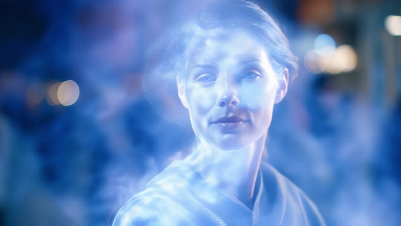 Una donna avvolta da una luce blu eterea mostra un'espressione accattivante, incarnando un momento di introspezione e meraviglia in un'atmosfera onirica.