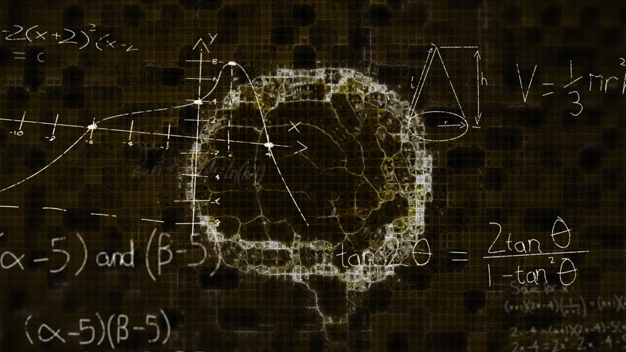 animación de fórmulas matemáticas y formas que se mueven sobre un cerebro sobre un fondo negro