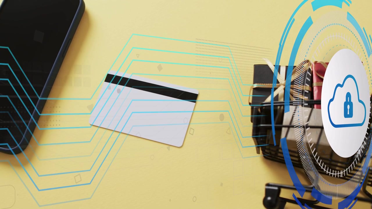 Cloud padlock appearing triggers phone and card sending data lines to HUD cart securing gifts