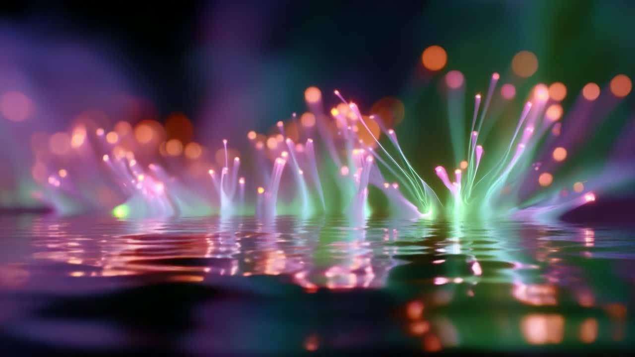 A mesmerizing display of colorful luminescence reflected on the water's surface, showcasing the beauty of vibrant lights and abstract patterns, creating a dreamlike atmosphere in this captivating visual scene