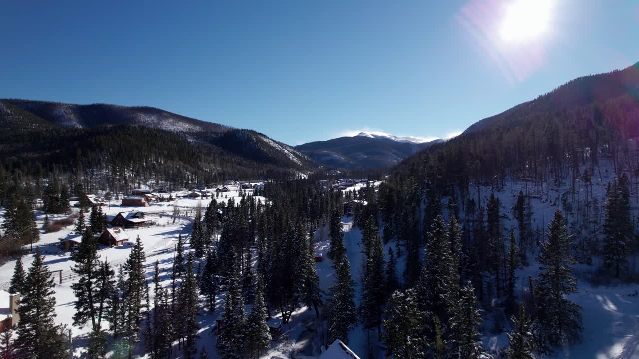 vista aérea sobre árboles y casas en un valle con montañas nevadas