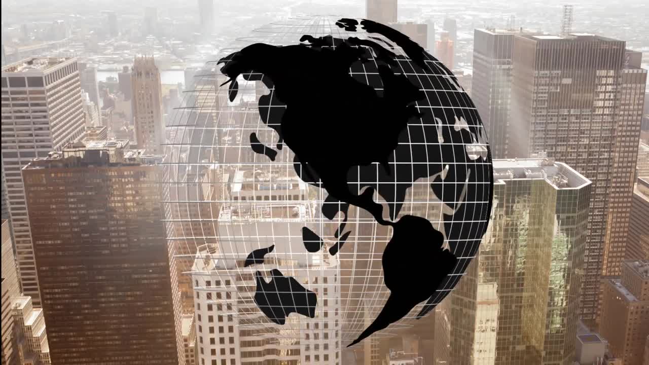 animación del globo giratorio sobre la vista de la ciudad.