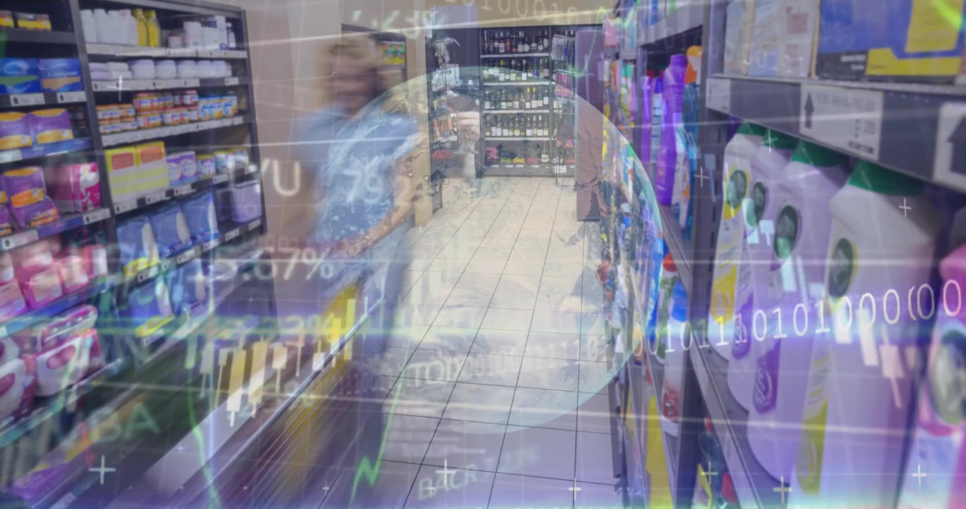 Animation of data processing over caucasian woman in shop