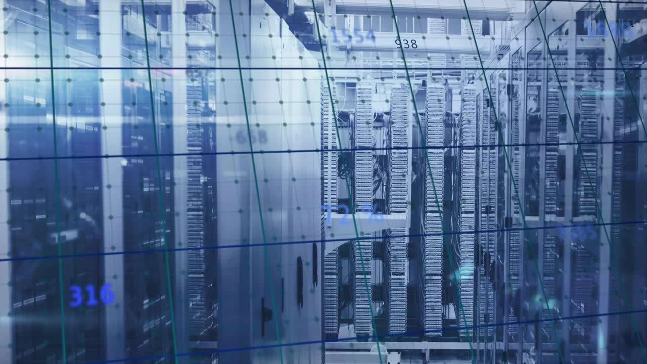 HUD overlay activating, server racks showing live readouts while camera sliding for monitoring