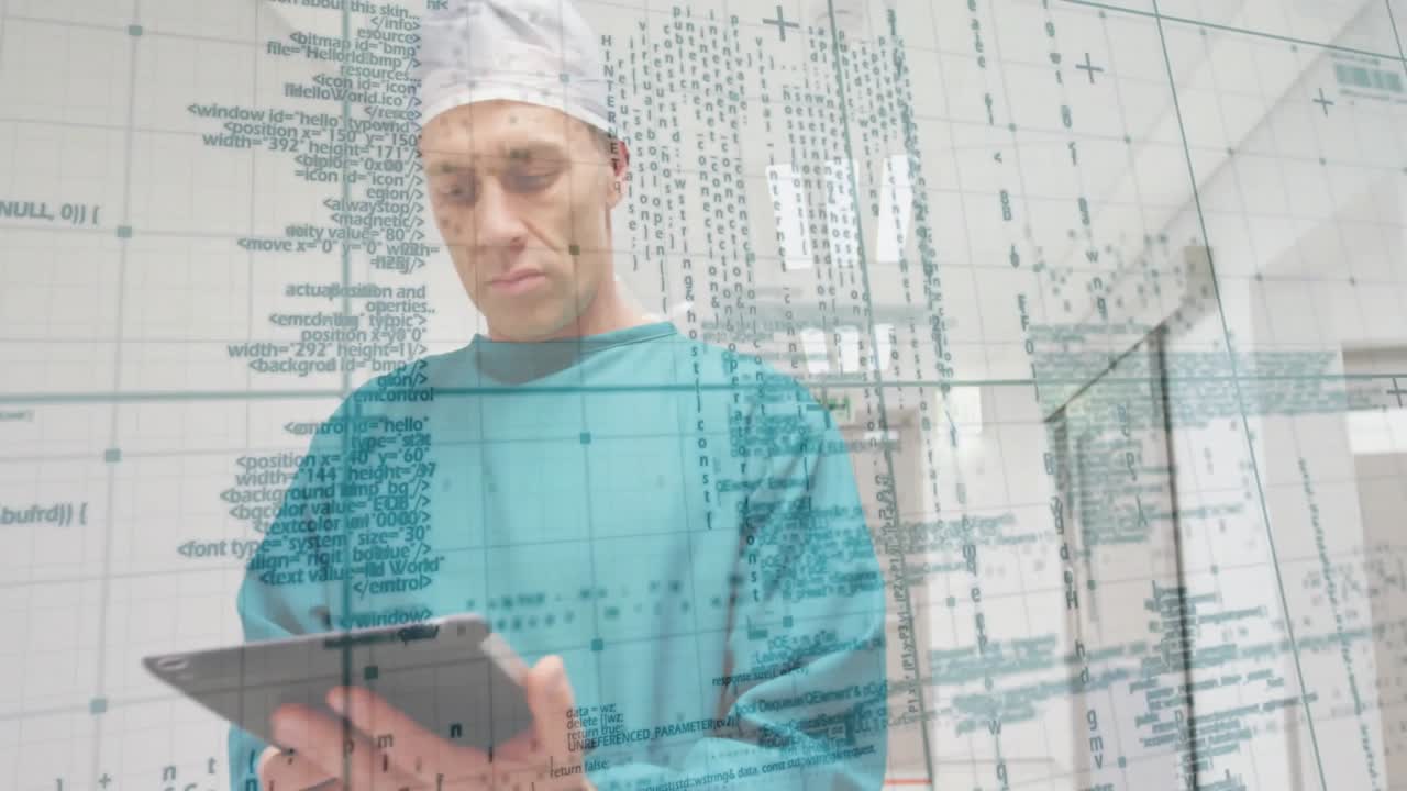 Holding tablet, medical professional processing data animation in hospital background