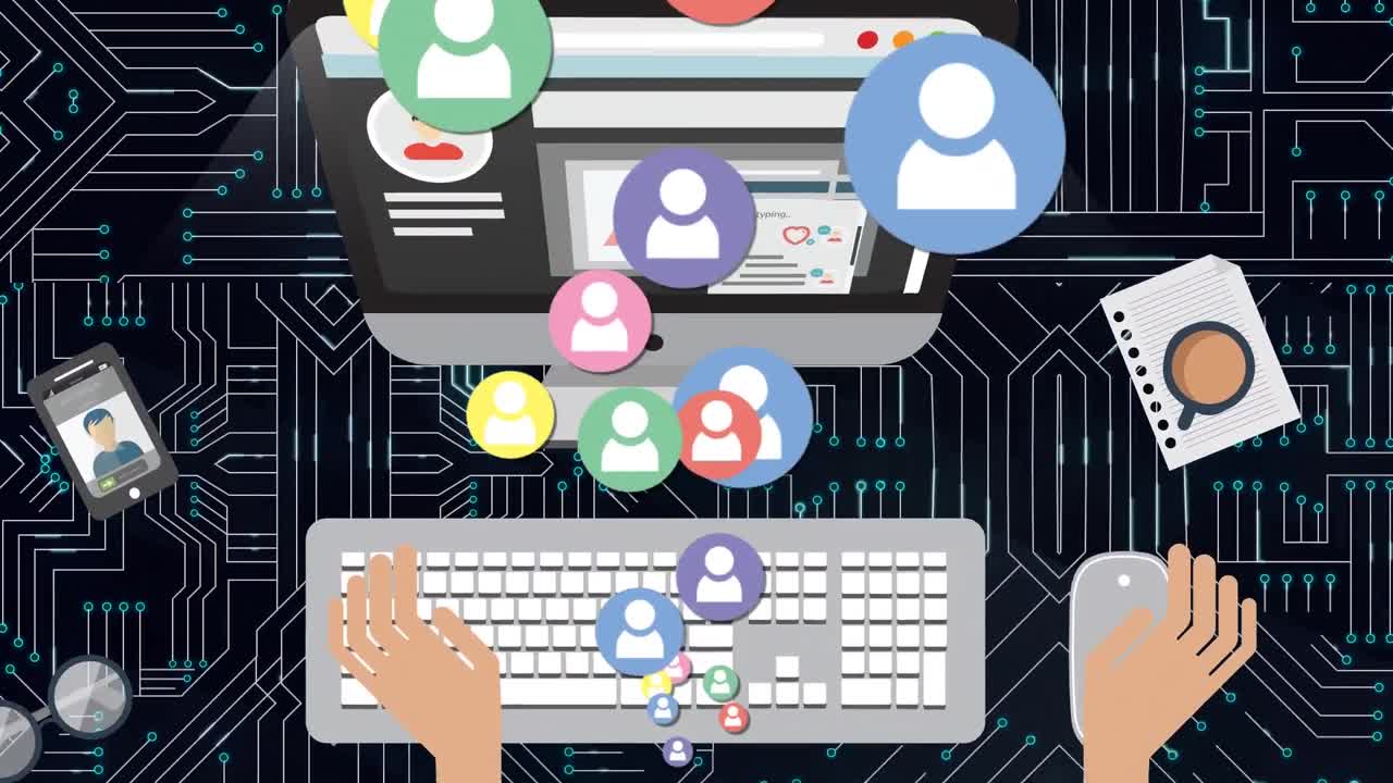 animación de iconos de redes sociales y manos usando computadora sobre placa de circuito de computadora