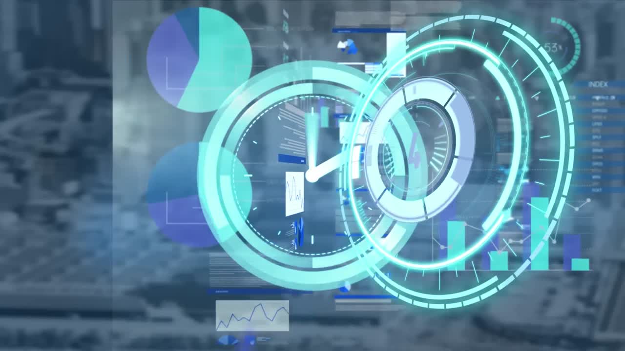 도시 풍경에서 범위 스캐닝과 금융 데이터 처리의 애니메이션