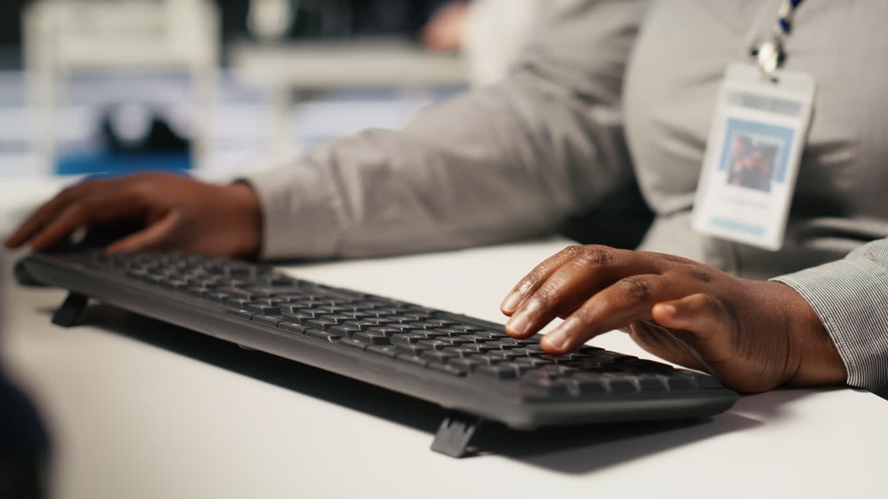 Vertical video Close up of data center admin coding, writing script on PC