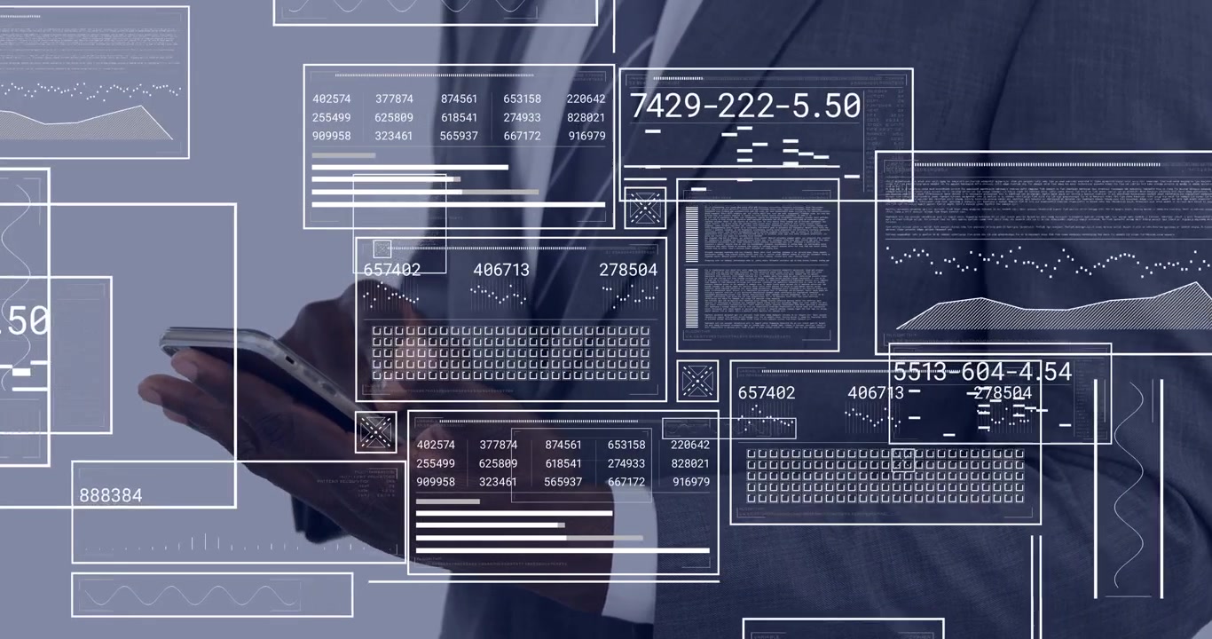 Businessman Using Smartphone with Digital Data Analytics Overlay