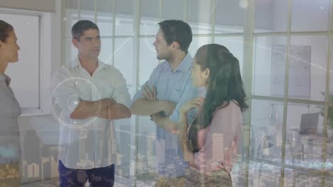 Animation-of-connected-dots-on-diverse-coworkers-sharing-ideas-in-office-against-aerial-view-of-city