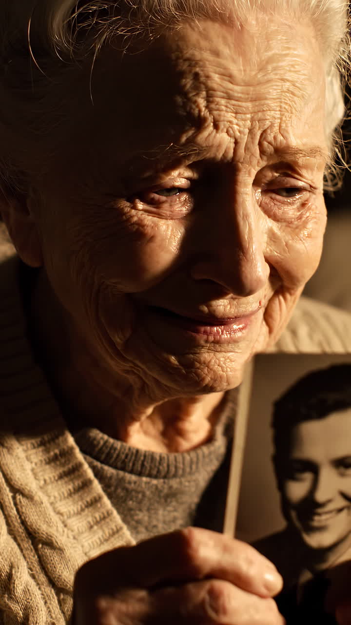 Elderly White Woman Holding Photograph, Crying. Soft Golden Light Illuminates Wrinkled Face And Hands As She