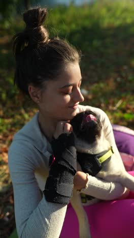 young woman with pug dog in park