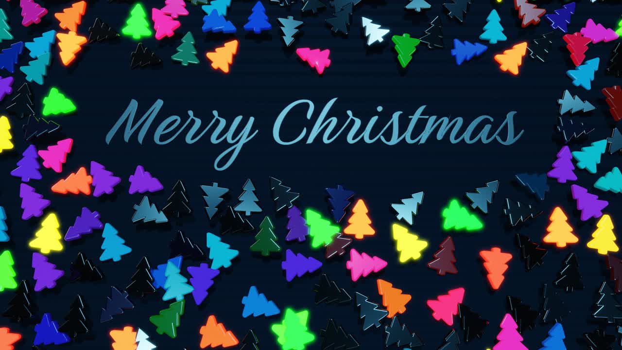 메리 크리스마스 글자와 꽃받침, 크리스마스 트리 모양의 전구가 표면에 어져있는 크리스마스 카드. 네온 빛으로 새해 구성. 크리스마스 조명