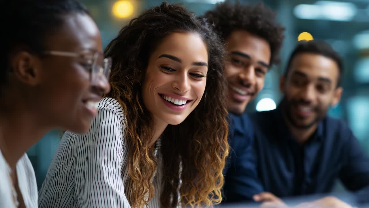 A joyful group of friends sharing laughter and conversation in a modern workspace, where the atmosphere is filled with positivity and collaboration, capturing the essence of camaraderie and connection