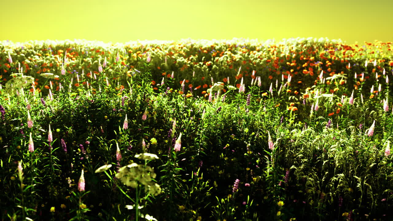Vibrant meadow bursting with colors during a golden sunset glow