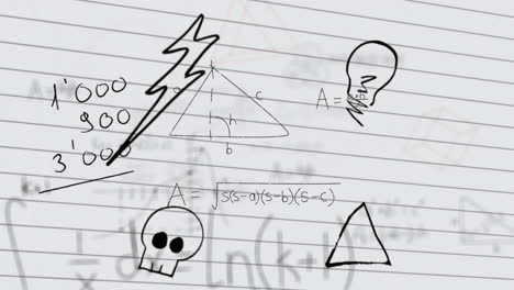 animation of mathematical equations against page turning effect over abstract symbols