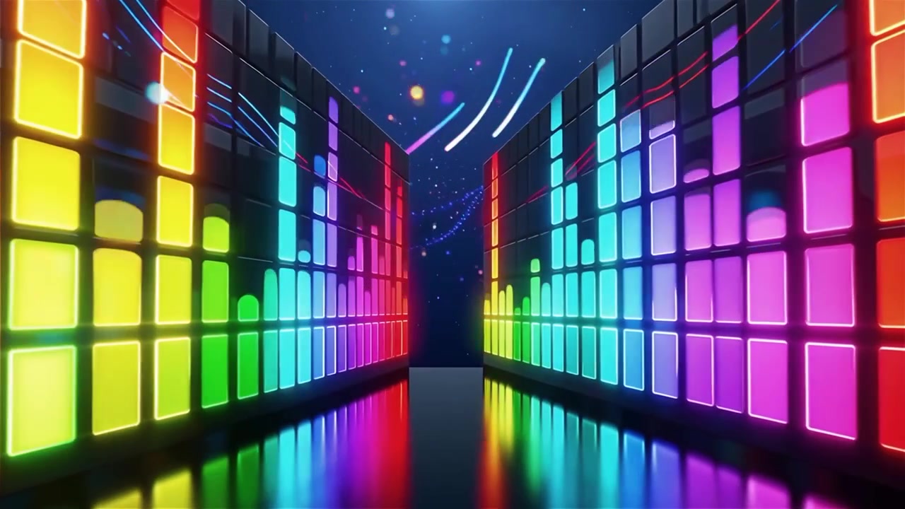 Sfondo visualizzatore equalizzatore musicale neon arcobaleno futuristico.