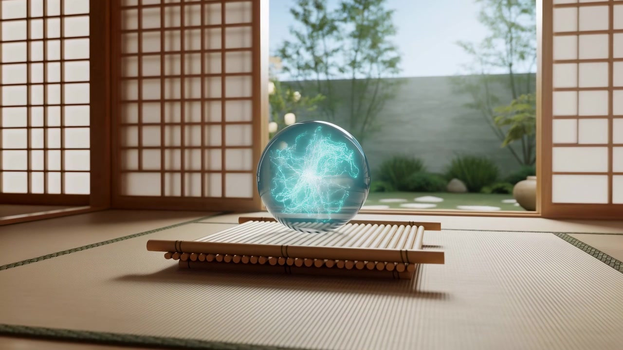 traditional japanese interior with sliding shoji screens and tatami floor, wooden bench and paper elements, fixed frontal perspective, serene and tranquil setting, brown, white, green, blue.