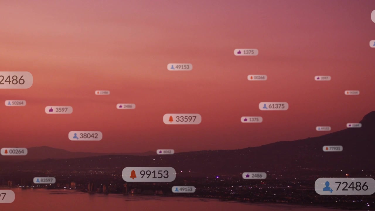 New alerts arriving, UI labels appearing clustering and drifting above bay skyline, showing data