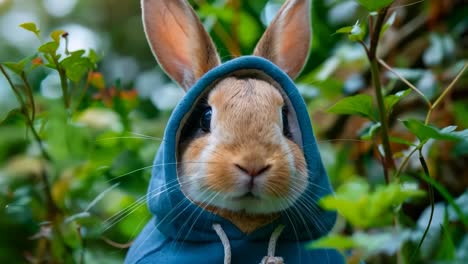 a rabbit wearing a blue hoodie in the grass