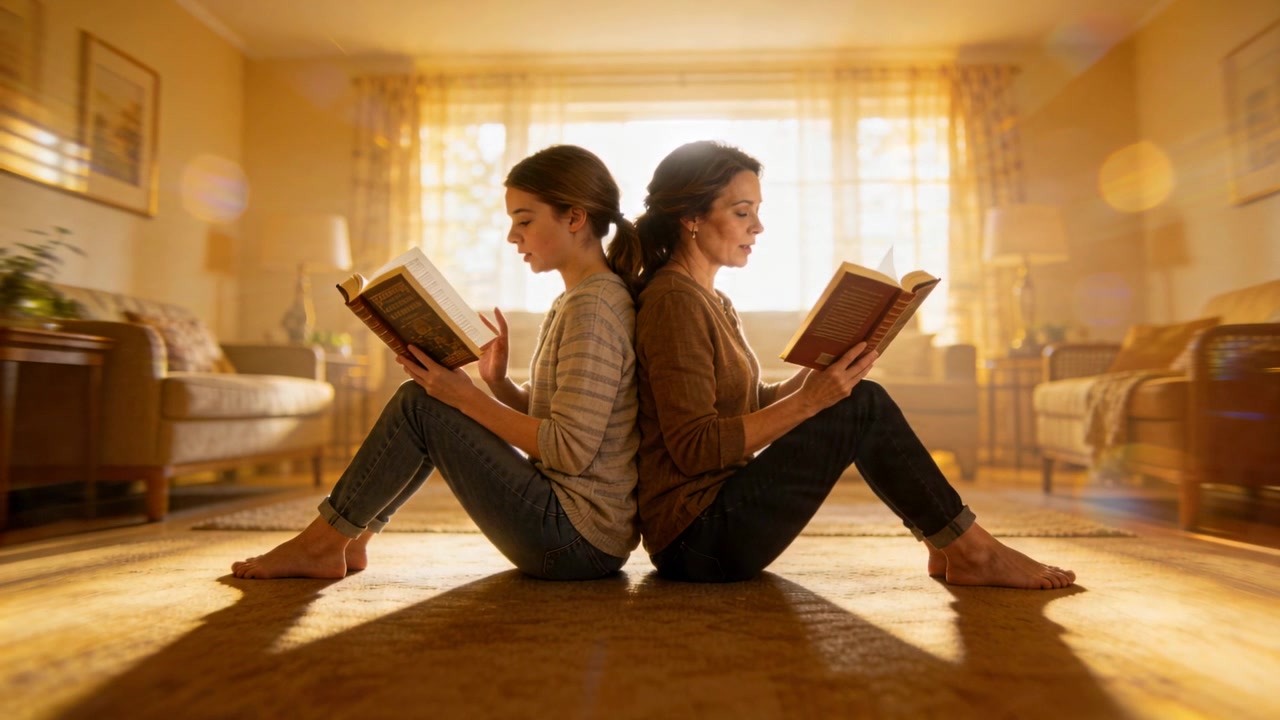 Sitting back-to-back mom and teen in jeans reading hardcovers at home, sunlight urging page turning