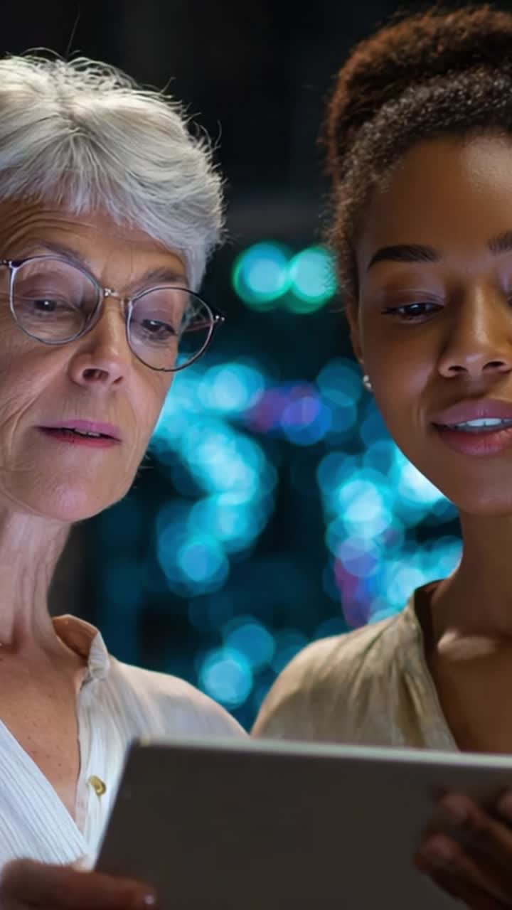 An elderly woman and a young woman engage in a thoughtful discussion while reviewing information on a tablet amidst a backdrop of colorful lights