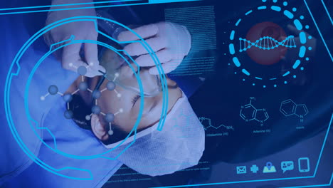 animation of scanners interface over surgeon preparing biracial female patient for surgery