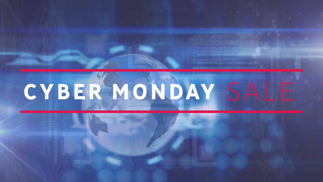 Animação de texto "Promoção Cyber Monday" e globo sobre placa de computação