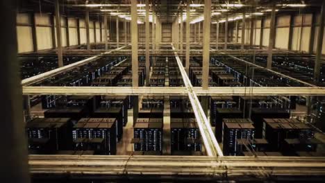 this dynamic location features a large data center filled with numerous servers organized in rows. the complex array of cables and infrastructure is essential for data processing.