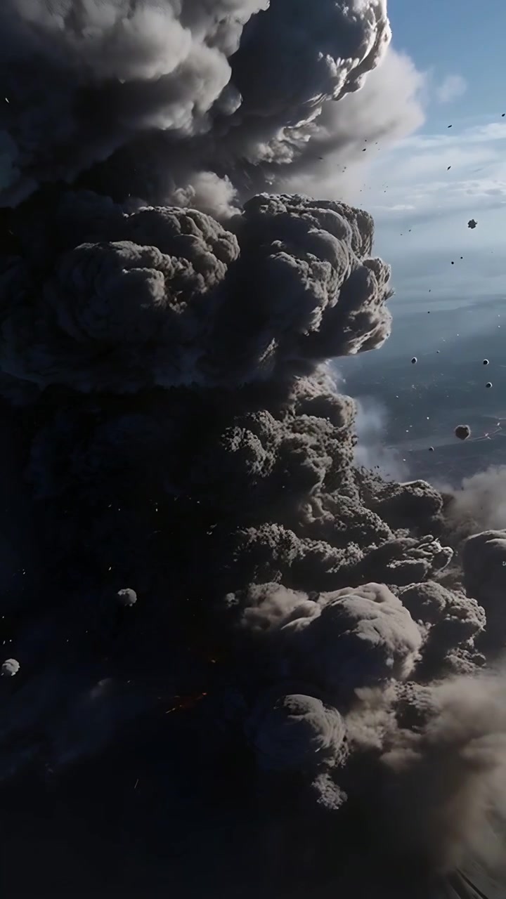 Video verticale: Un fulmine che illumina un'imponente colonna di nuvole nel cielo, rivelando braci e detriti.
