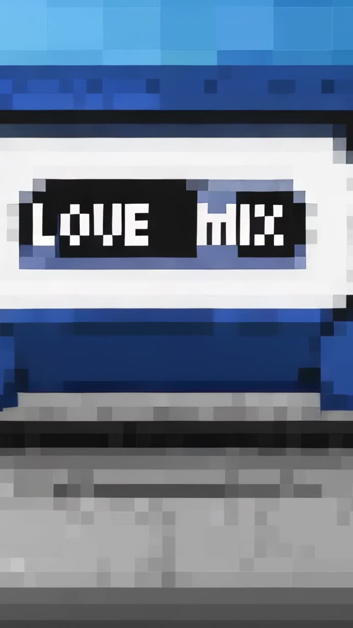 Vertical video: Tilting camera revealing blue boombox lower front panel in studio, showing LOVE MIX