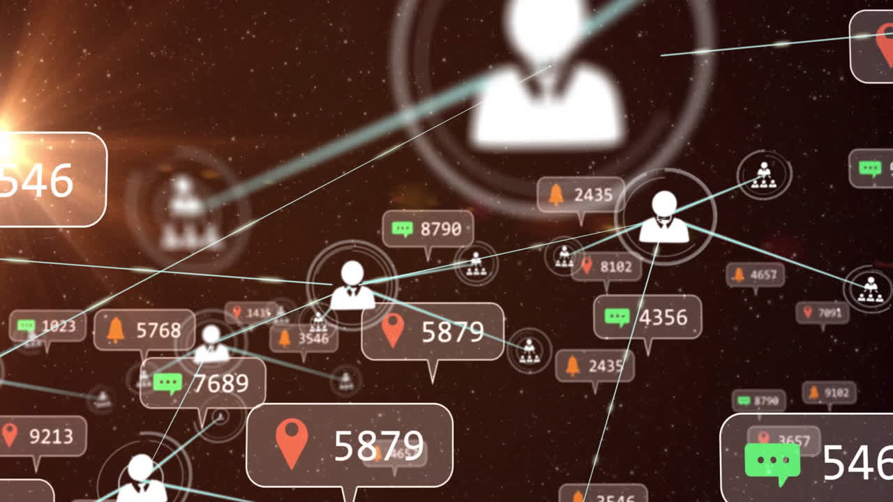 Interazione sui social media e animazione di dati di localizzazione su una rete di icone utente