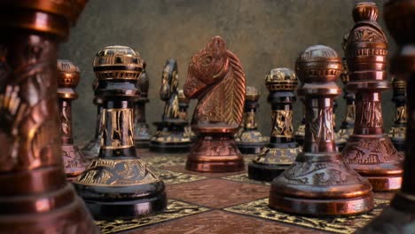 Flight-of-the-camera-between-vintage-chess.-Super-macro-close-up.