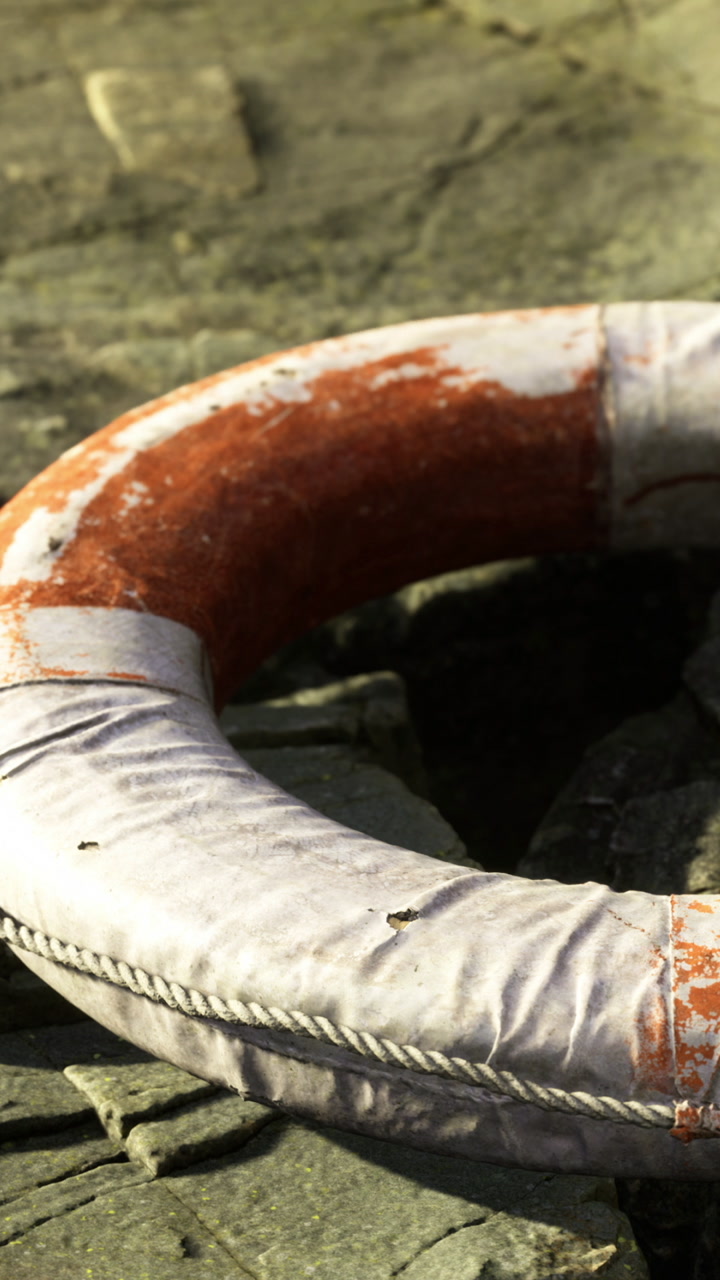 Lifebuoy on rocky shore near water during sunny day