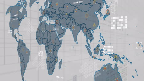 Animación-Del-Procesamiento-De-Datos-Estadísticos-Sobre-El-Mapa-Mundial-Sobre-Fondo-Gris