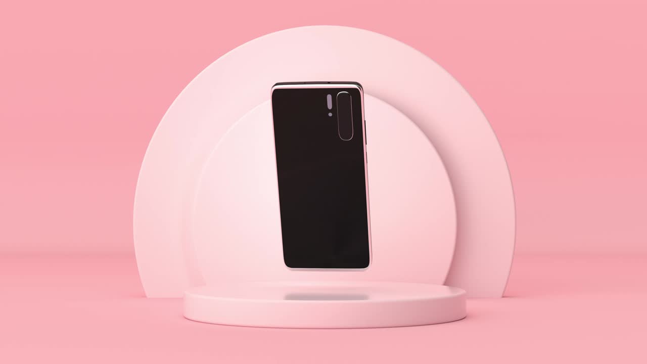4k 해상도 비디오: 당신의 디자인을 위해 빈 화면을 가진 현대 모형 휴대전화 분홍색 실린더 제품을 회전하는 분홍색 배경 루프 애니메이션에 무대 기단